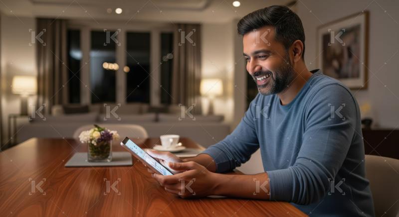 Indian man sits alone at a table in a modern, softly lit living