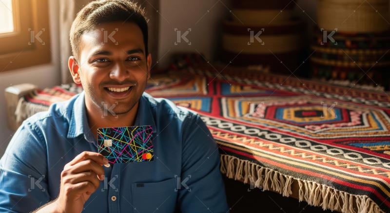 Indian man in a blue shirt holds up a colorful chip-enabled paym