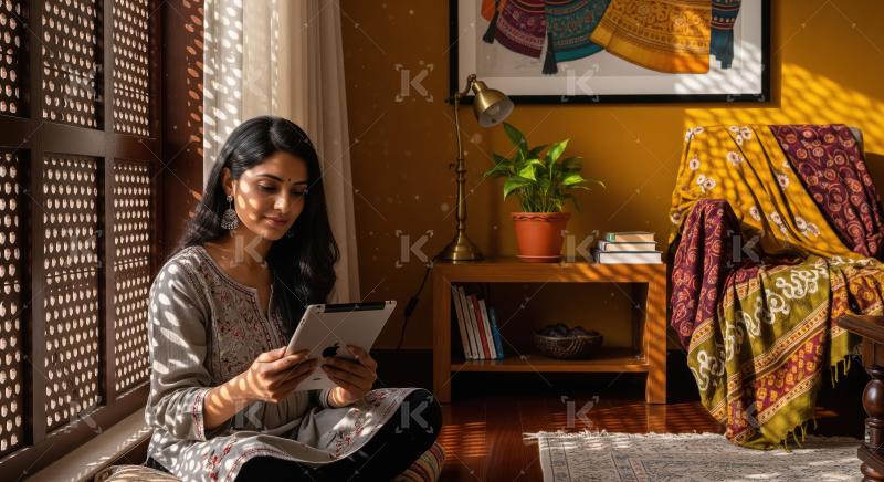 Indian woman sits comfortably by a patterned window, reading fro