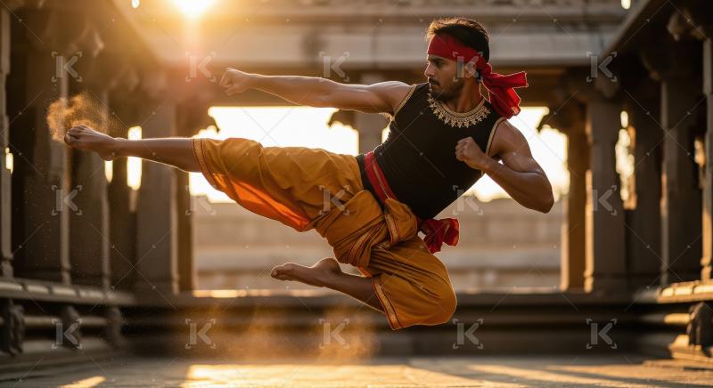 Indian martial artist in traditional attire performs a dramatic