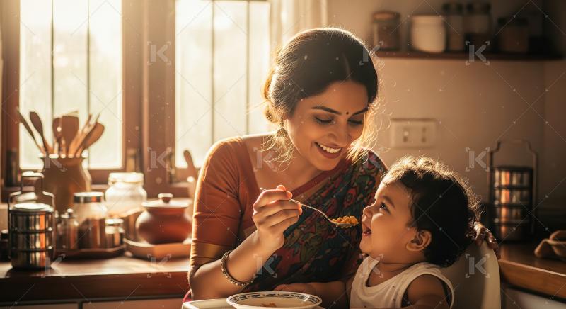 An Indian mother lovingly feeds her toddler in a sunlit capturin