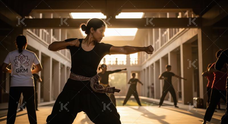 Indian martial artist performs a dramatic in traditional attire
