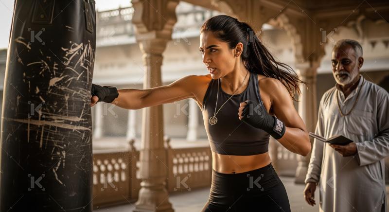 Group of Indian women, led in martial arts training, practice sy