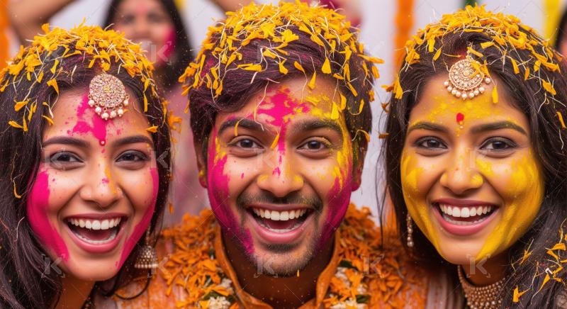 Three Indian friends with bright yellow and pink Holi colors, ma