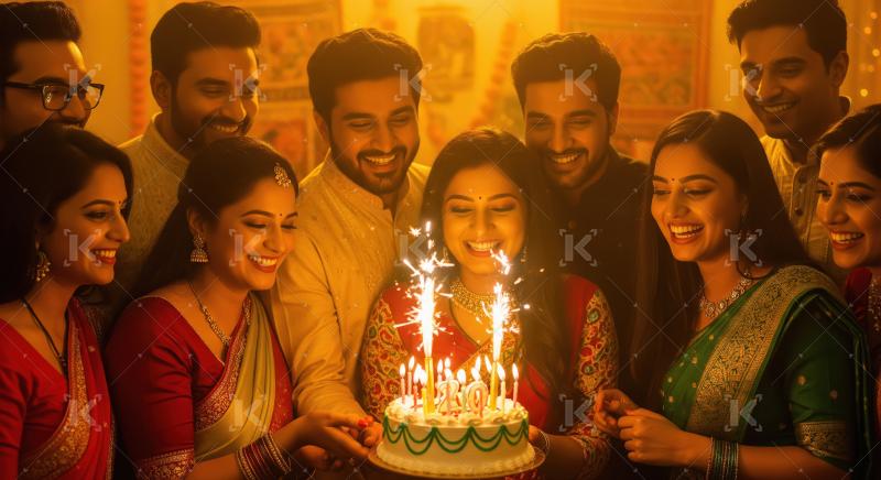 A group of friends and family in traditional Indian attire joyfu