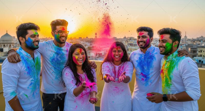 A group of Indian friends in white attire celebrate Holi on a ro