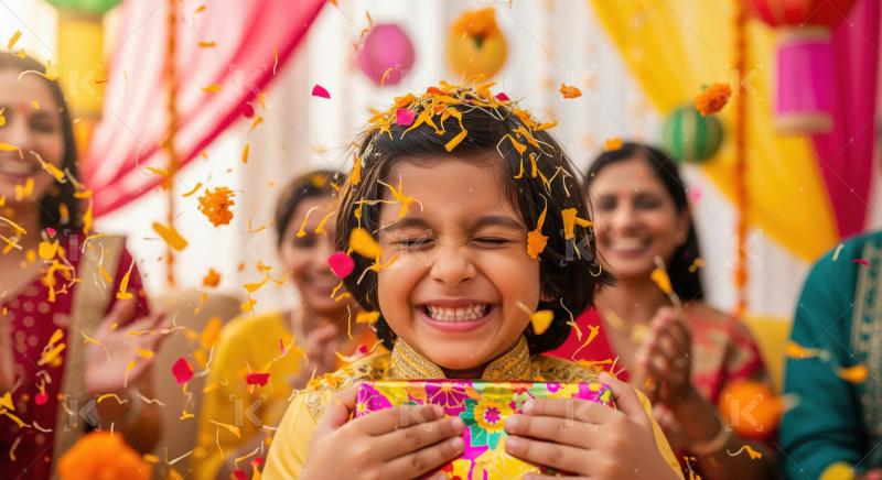 Indian girl holds a vibrant gift while marigold petals rain down