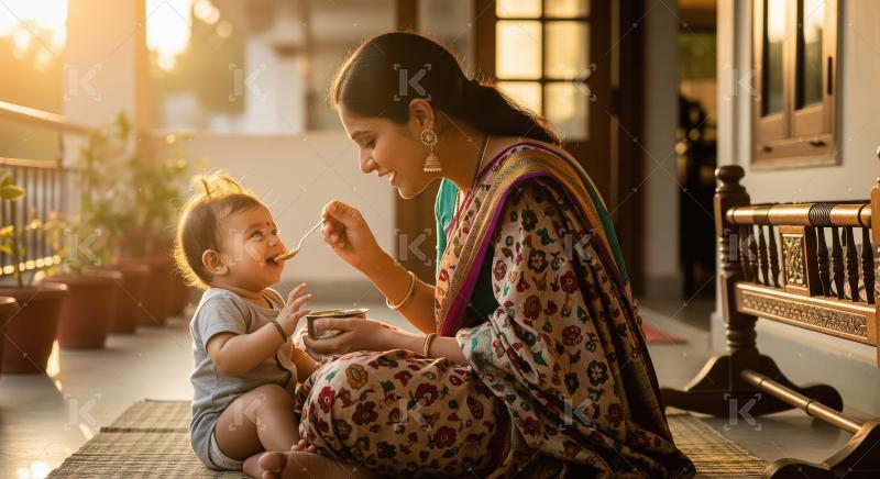 An Indian mother lovingly feeds her toddler in a sunlit capturin