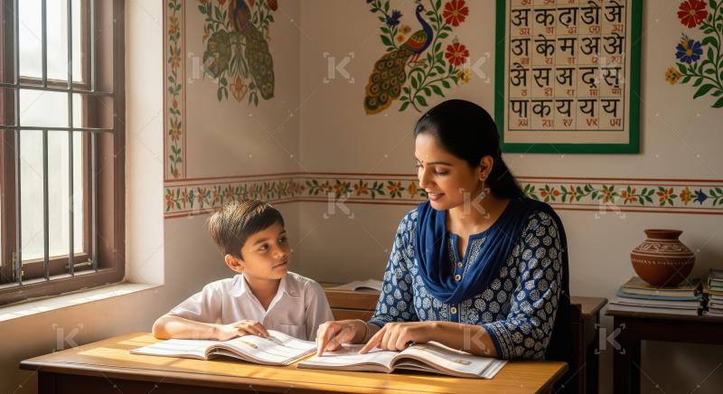 Children focus on creative work at wooden desks, bathed in warm
