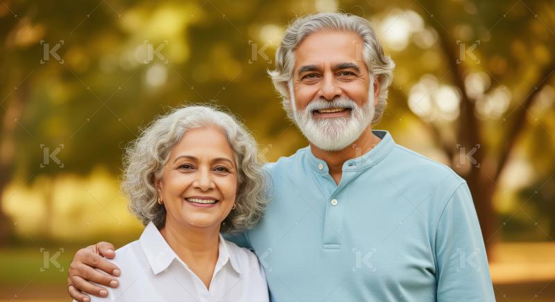 An elderly couple stands together outdoors