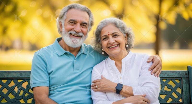 An elderly couple stands together outdoors