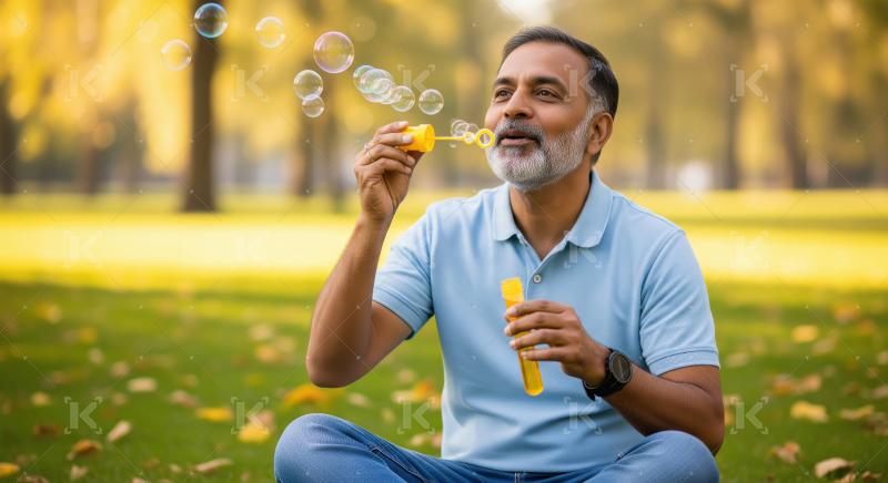 A cheerful man enjoys a carefree moment blowing bubbles in a sun