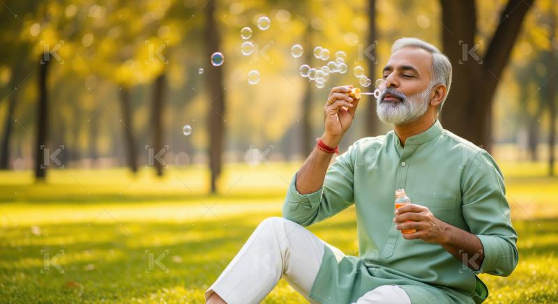 A cheerful man enjoys a carefree moment blowing bubbles in a sun