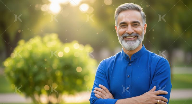 A confident senior man in a vibrant blue kurta stands outdoors w
