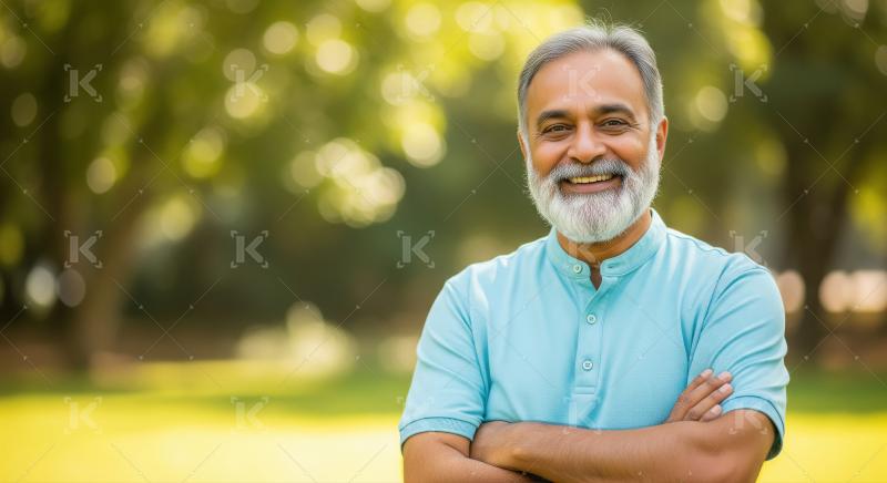 A confident senior man in a vibrant blue kurta stands outdoors w