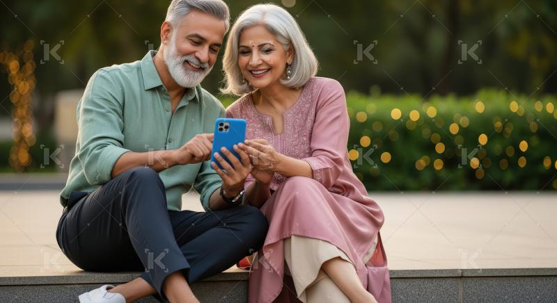 An elderly couple sits together, sharing a joyful moment and con
