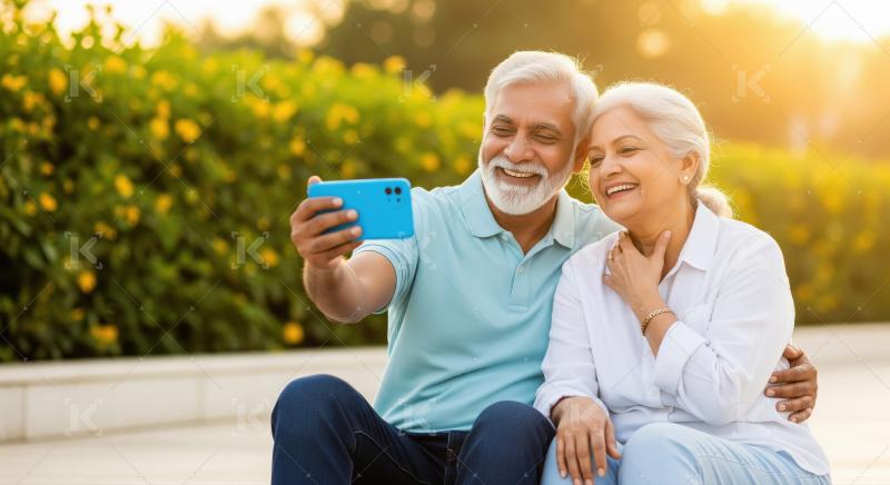 An elderly couple sits close together taking a selfie, capturing