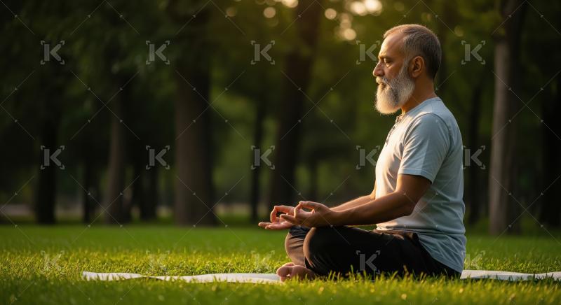 An elderly man meditates peacefully in a serene outdoor setting,