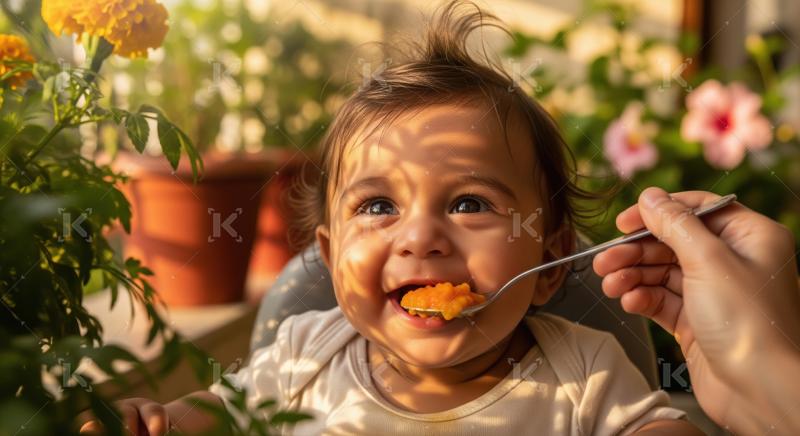 An Indian mother lovingly feeds her toddler in a sunlit capturin