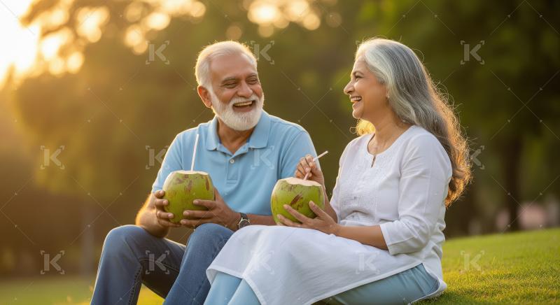 Elderly couple enjoys outdoors, sitting on the grass together wh