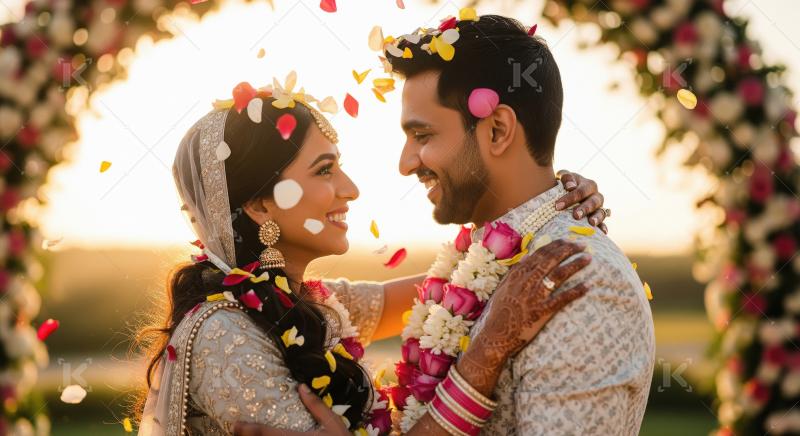 A joyful Indian bride and groom embrace under a floral arch, sho