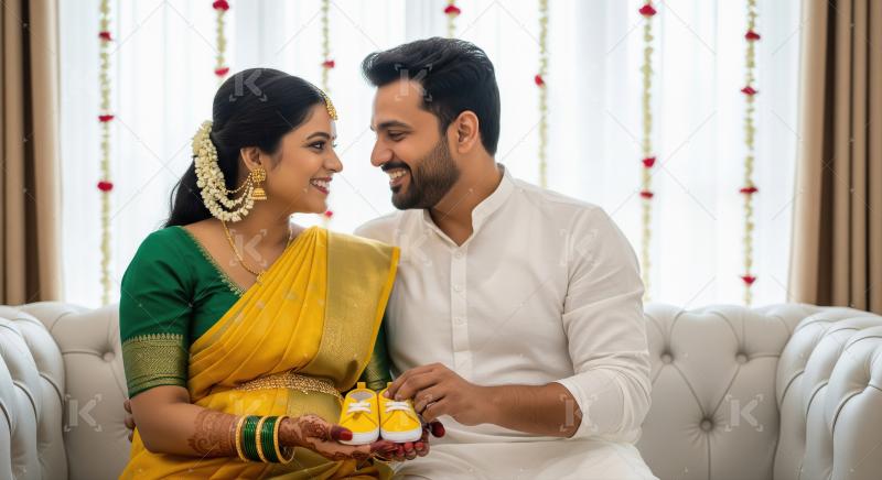 Expectant Indian couple sits together in traditional attire, lov