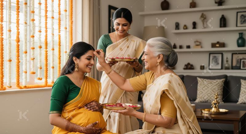 A traditional Indian family gathers to bless an expectant mother