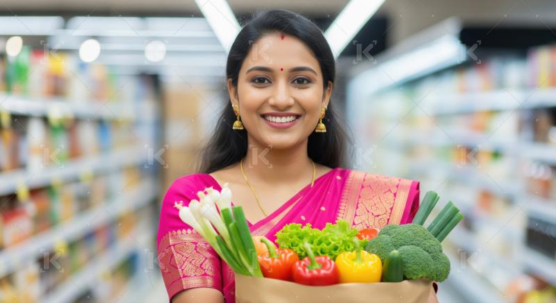 A woman in a vibrant saree proudly carries a bag filled with fre