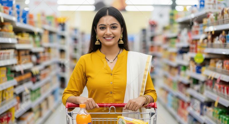 A woman in a yellow and white traditional outfit shops confident