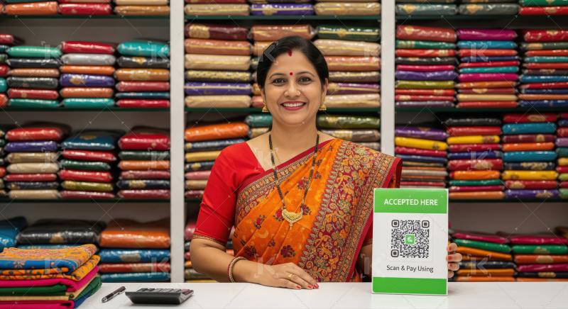 A woman in a vibrant saree stands at a textile shop counter, rea
