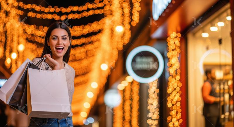 A stylish young woman enjoys festive nightlife shopping outdoors