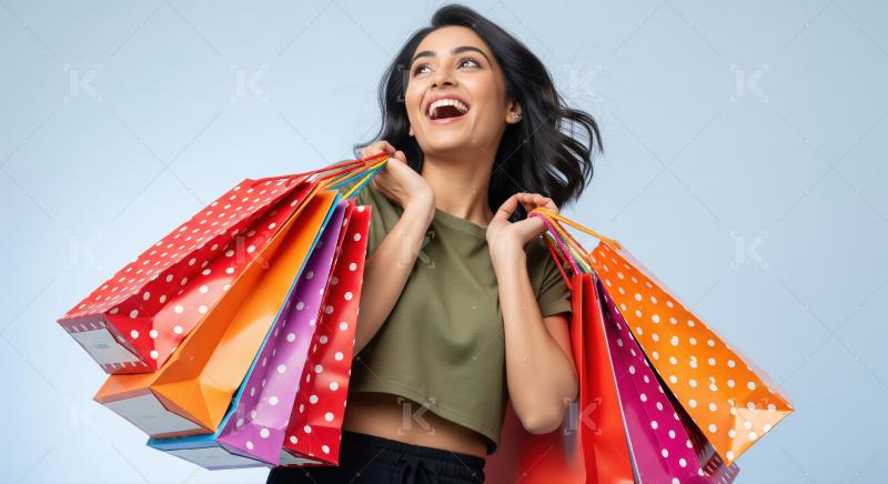 A fashionable young woman joyfully holds up many colorful shoppi