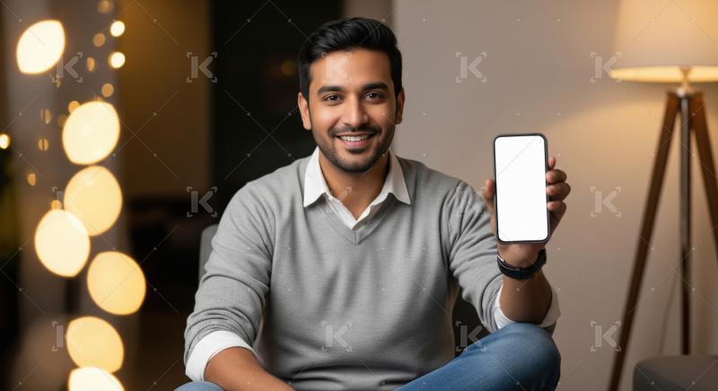 A young man in a casual setting holds up a blank smartphone, pre