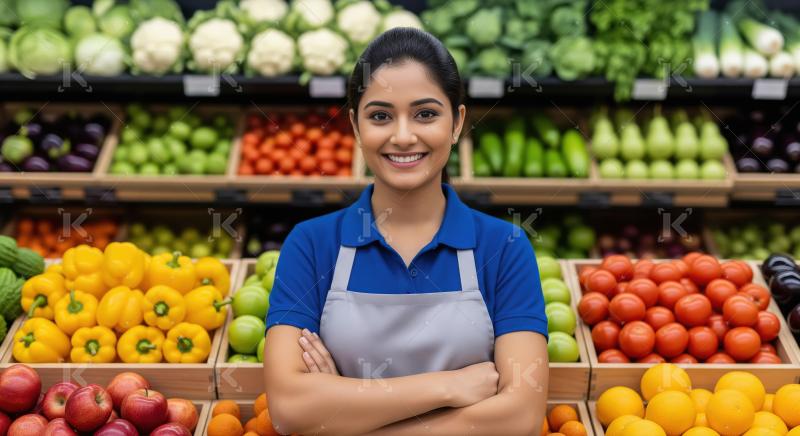 An organized shopkeeper stands confidently with folded arms in f