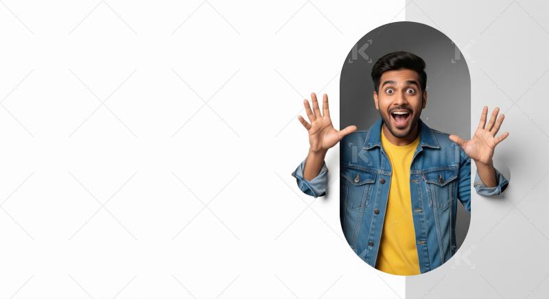 A young man in a denim jacket and yellow shirt pops out of a cir