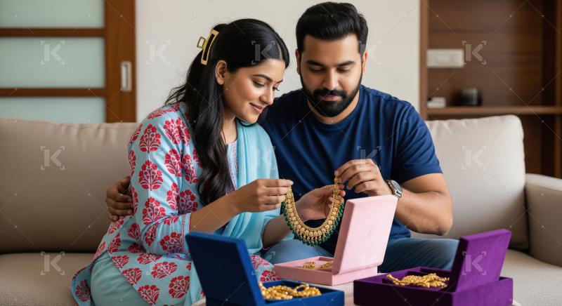 A couple sits close together at home, admiring and sharing tradi