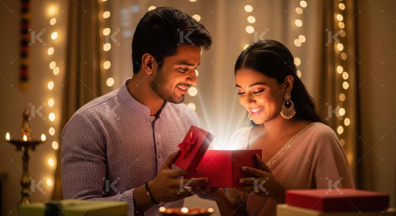 A couple in elegant traditional wear opens a glowing gift box to