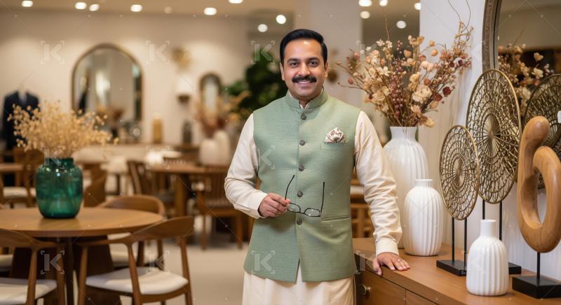 A stylish man stands confidently in a modern, elegant room decor