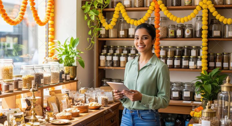 A woman stands in a vibrant, neatly organized organic store fill