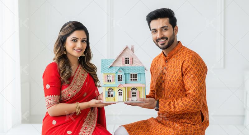 A couple in traditional Indian attire smiles while holding a dec