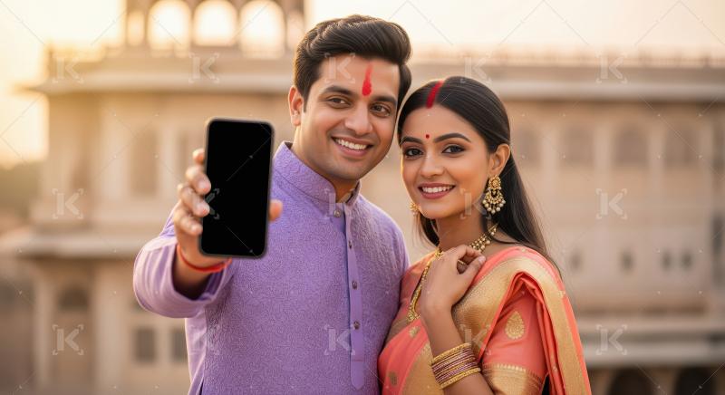 A young Indian couple dressed in traditional attire stands close