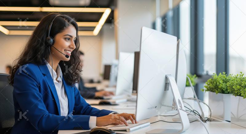 A professional Indian woman provides customer support through a
