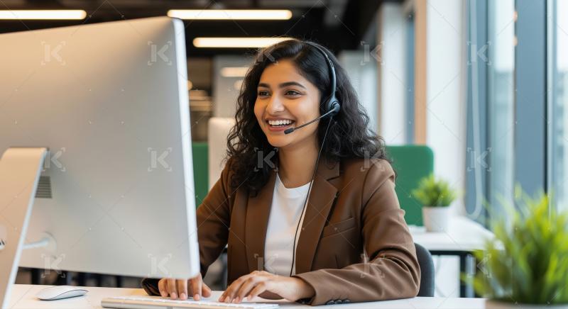 A professional Indian woman provides customer support through a