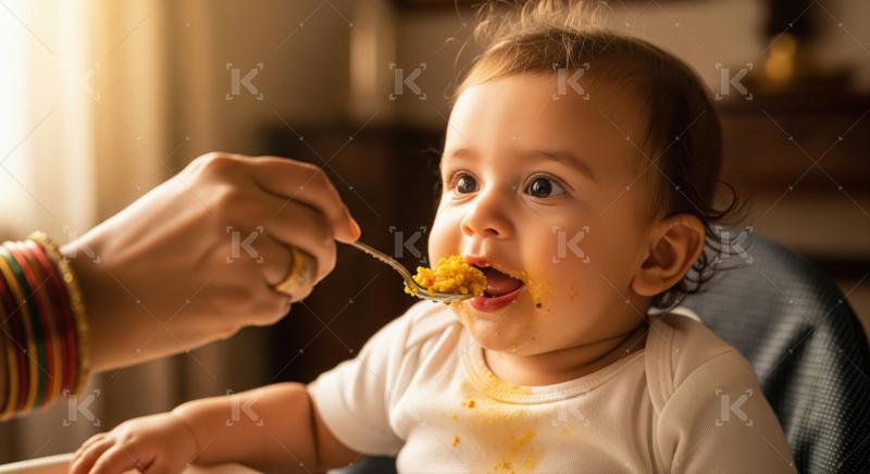 An Indian mother lovingly feeds her toddler in a sunlit capturin