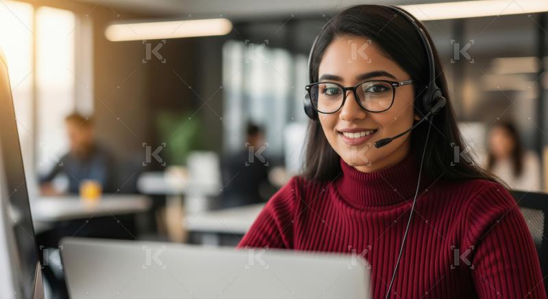 A professional Indian woman provides customer support through a