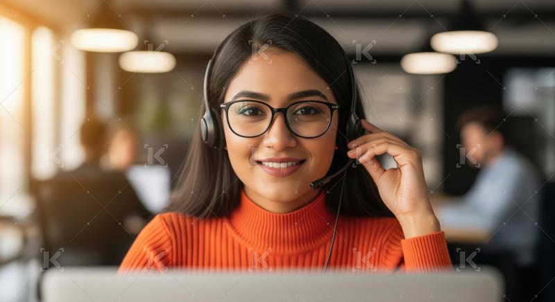 A professional Indian woman provides customer support through a
