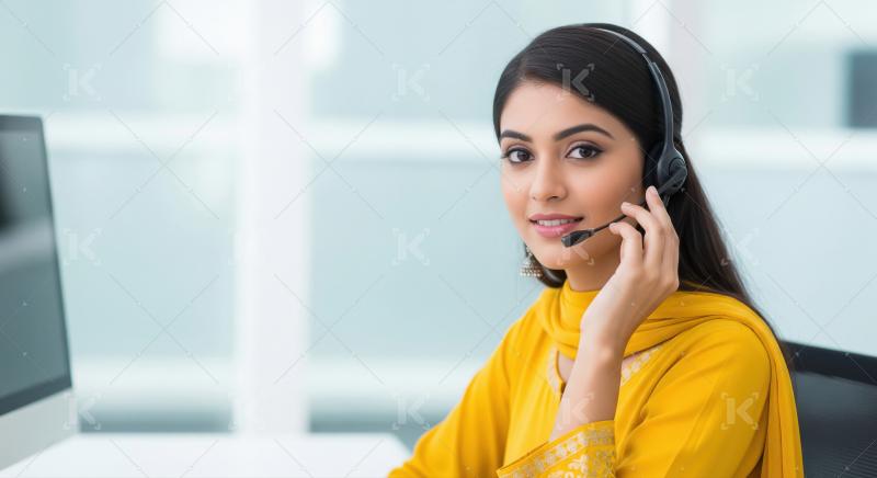 A professional Indian woman provides customer support through a