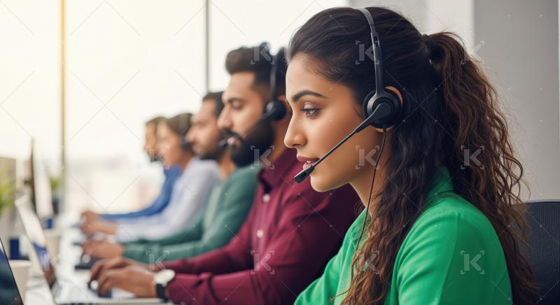 A group of Indian call center professionals in headsets work tog