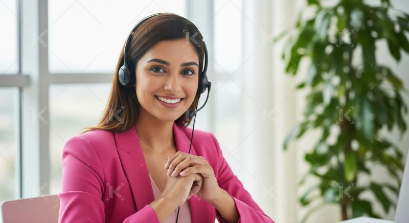 A professional Indian woman provides customer support through a