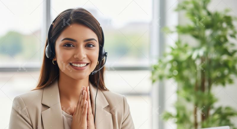 Indian call center professional in a headset offers a namaste gr